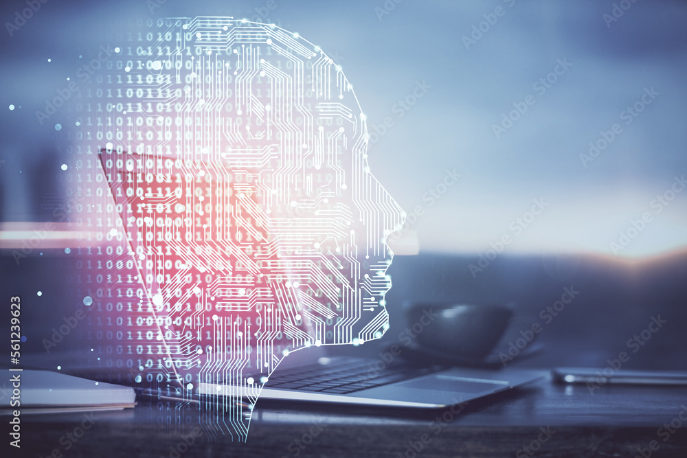 Poster multi exposure of work space with computer and human brain hologram. brainstorm concept.