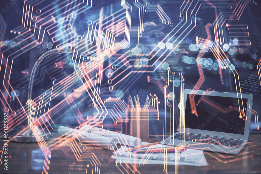 Poster computer on desktop in office with technology theme hologram. multi exposure. tech concept.