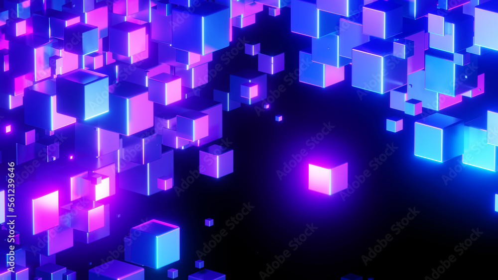 Wall mural abstract technology background with 3d cubes in space, purple blue neon glowing cubes on black