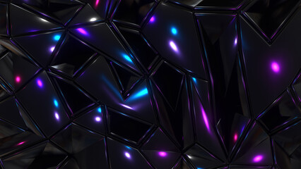 Abstract dark mosaic background, black metal polygons, triangle shapes with purple blue lights wallpaper design, 3d render illustration.