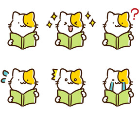 色々な表情で読書をするかわいいねこのキャラクターの上半身イラストセット