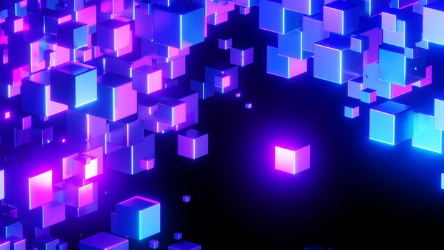 Fototapeta Abstract technology background with 3D cubes in space, purple blue neon glowing cubes on black