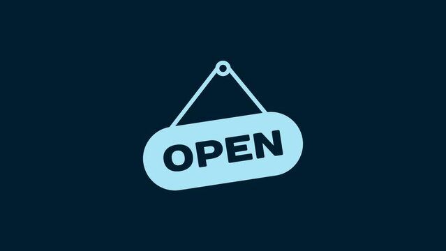 White Hanging sign with text Open door icon isolated on blue background. 4K Video motion graphic animation
