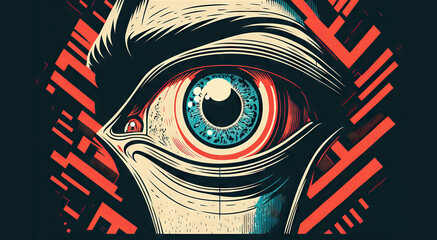 Big brother is watching you, big eye close-up illustration, totalitarian regime concept. Generative AI - obrazy, fototapety, plakaty
