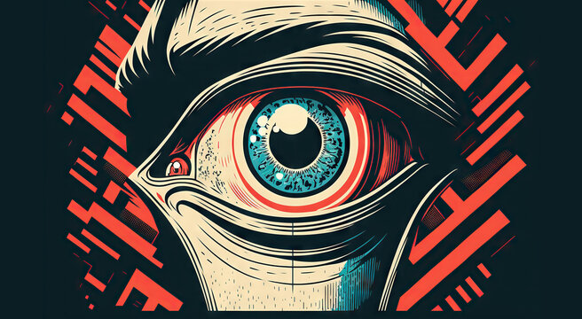 Big brother is watching you, big eye close-up illustration, totalitarian regime concept. Generative AI