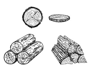 Wood logs, trunk vector sketch illustration. Hand drawn wooden materials. Firewood sketch set. Annual rings on a tree cut. Wood stumps