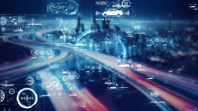 Futuristic city highway and digital data concept. Automotive technology. Digital transformation.