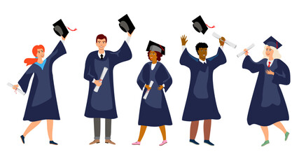 Student graduation set vector illustration. Adult education, male and female graduates concept. happy students at different nations.