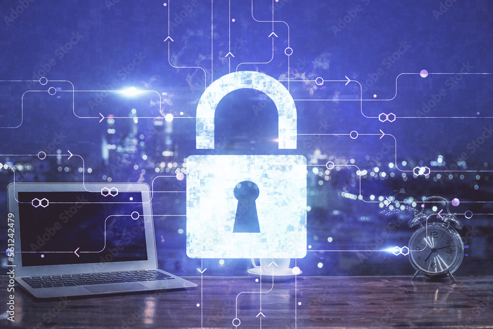 Aufkleber Double exposure of desktop with computer and lock icon hologram. Concept of data safety.