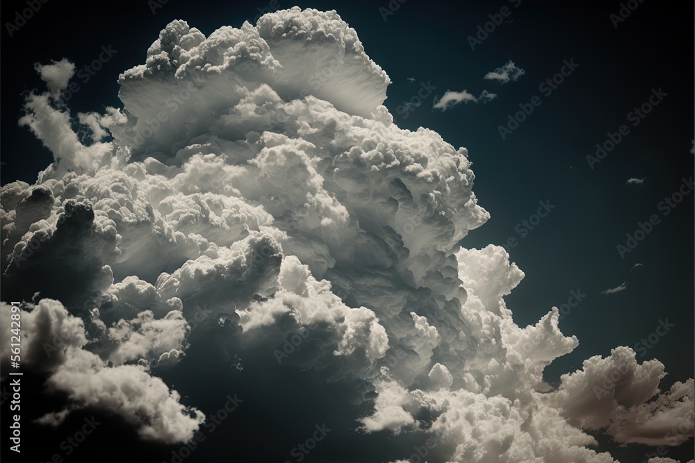 Poster a very large cloud in the sky with a jet flying by it's side in the distance with a plane in the for