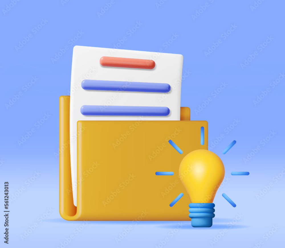 Poster 3d business folder full of papers and idea bulb isolated. render yellow folder for correspondence, f