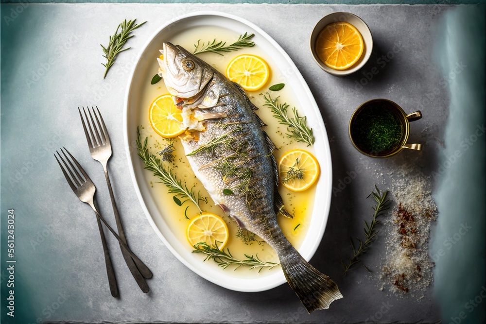 Poster a fish is on a plate with lemons and herbs on the side and a fork and knife next to it and a small b