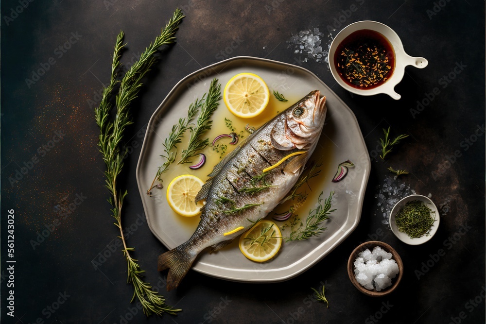 Poster a fish is on a plate with lemons and spices on the side of it and a bowl of salt and pepper and a sp