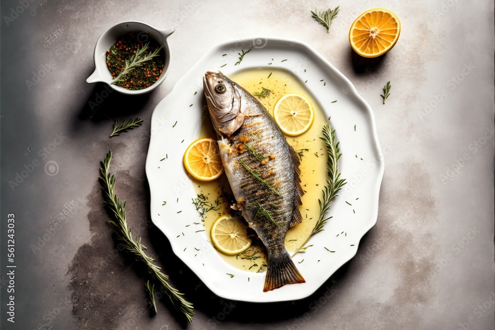 Poster a fish is on a plate with lemons and spices on the side of it and a bowl of seasoning next to it on 