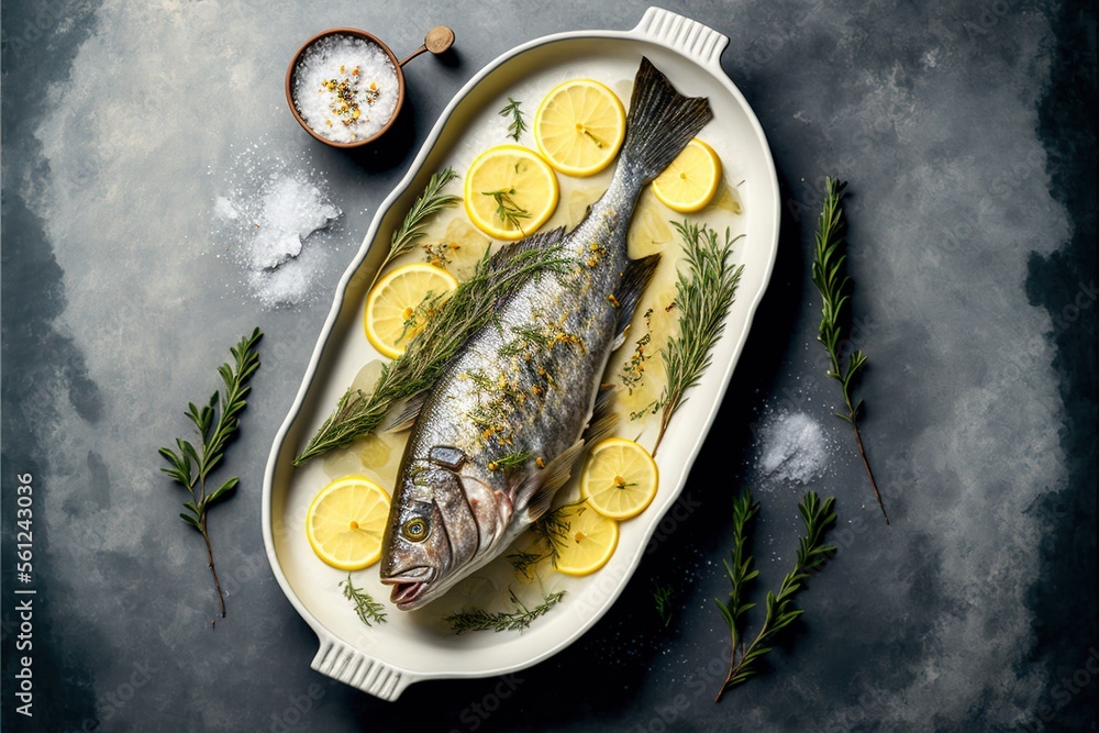 Poster a fish is on a plate with lemons and herbs on the side of it and a salt and pepper shaker next to it