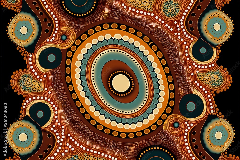 Aufkleber a painting of a circular design with a black background and a brown center with white dots and a bro