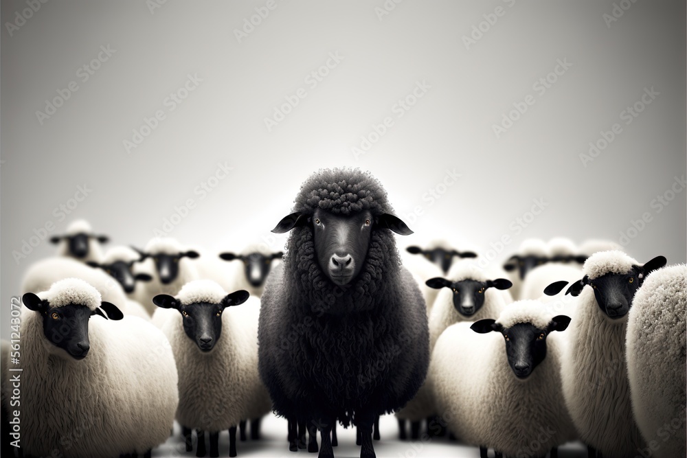 Poster a herd of sheep standing next to each other on a white surface with a black face and black head on t