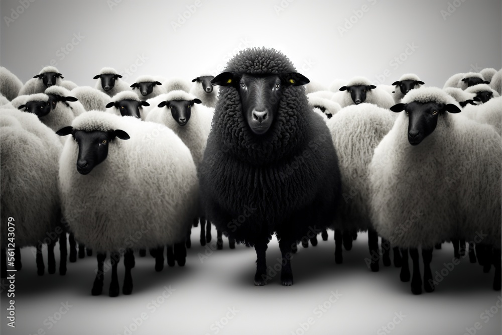 Poster a herd of sheep standing next to each other on a white background with a black sheep in the middle o