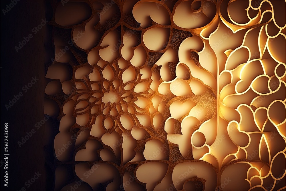 Poster a wall with a pattern made of circles and hearts on it's side and a light shining through the middle
