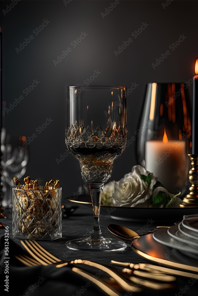 Aufkleber a table with a candle, a plate, and a glass of wine on it with gold and silverware around it and a c