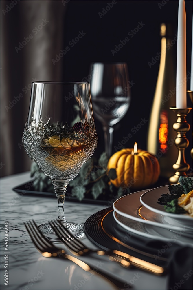 Aufkleber a table with a glass of wine and a plate of food on it with candles and a candle holder in the backg