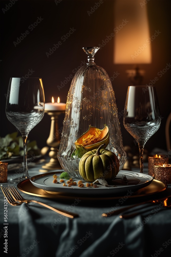 Poster a table with a glass dome and a plate with a pumpkin on it and a candle in the background with a can