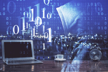 Multi exposure of computer on background and technology theme drawing. Concept of innovation.