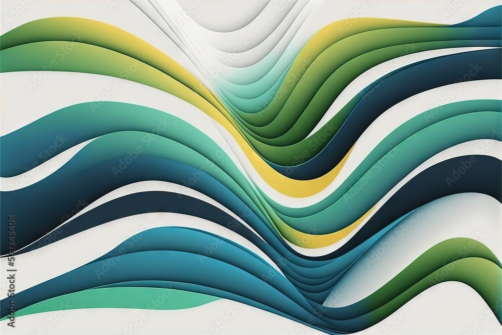 Poster a picture of a wave of green and yellow colors on a white background with a blue border and a white 