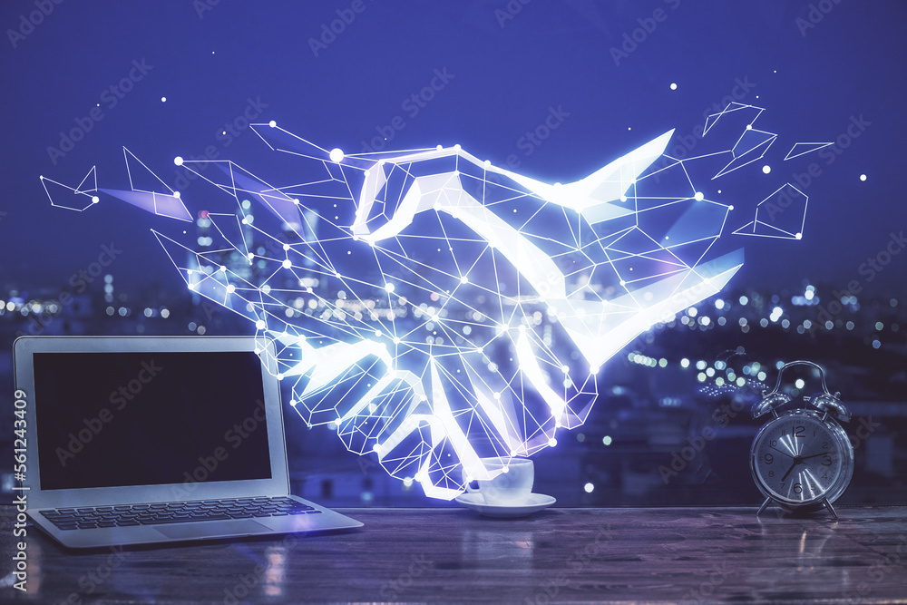 Poster desktop computer background in office and handshake hologram drawing. double exposure. pertnership c