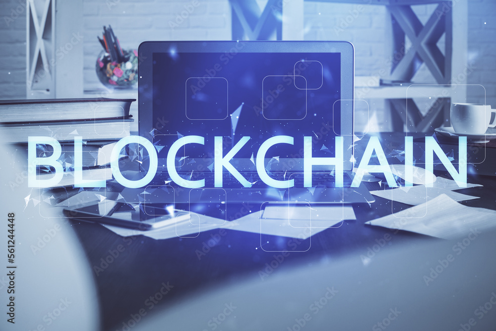 Poster Multi exposure of blockchain theme hologram and table with computer background. Concept of bitcoin crypto currency.