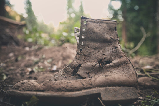 Old weathered leather work boot that was uncovered during a recent excavation.