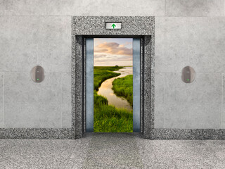 An office elevator-conservation and camping concept: Elevator doors open to reveal a stream winding through a lush green valley.