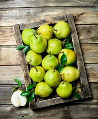 Ripe pears with leaves in tray.