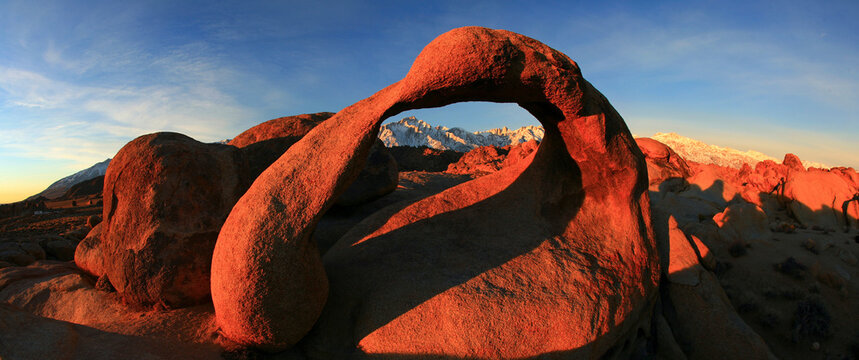 The infamous Whitney Arch located in the Alabama Hills of Lone Pine, California, USA creates a window with a view of Mount Whitney, the highest peak in the contiguous United States