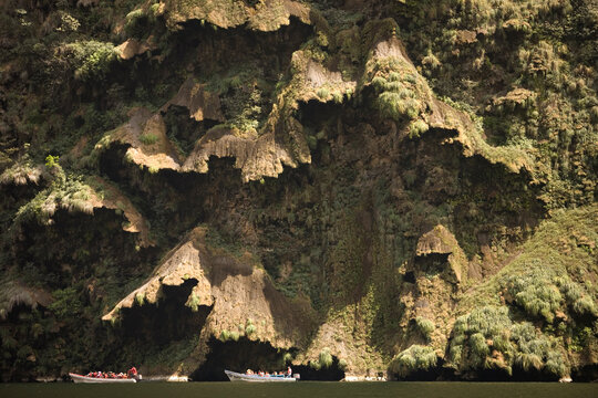 Tourists boats sail in the Sumidero Canyon in Tuxla Gutierrez, Chiapas, Mexico