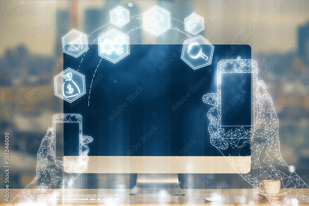 Aufkleber Computer on desktop in office with technology theme hologram. Multi exposure. Tech concept.