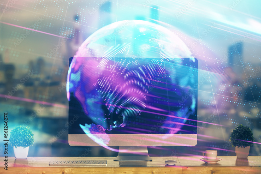 Poster computer on desktop in office with technology theme hologram. multi exposure. tech concept.