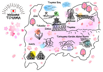 春の富山県の観光地のシンプル線画イラストマップ（ピンク）