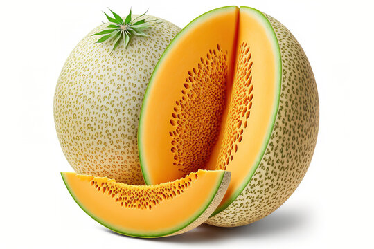 Japanese melons, orange or cantaloupe melon, whole and sliced, with seeds, isolated on white. Generative AI