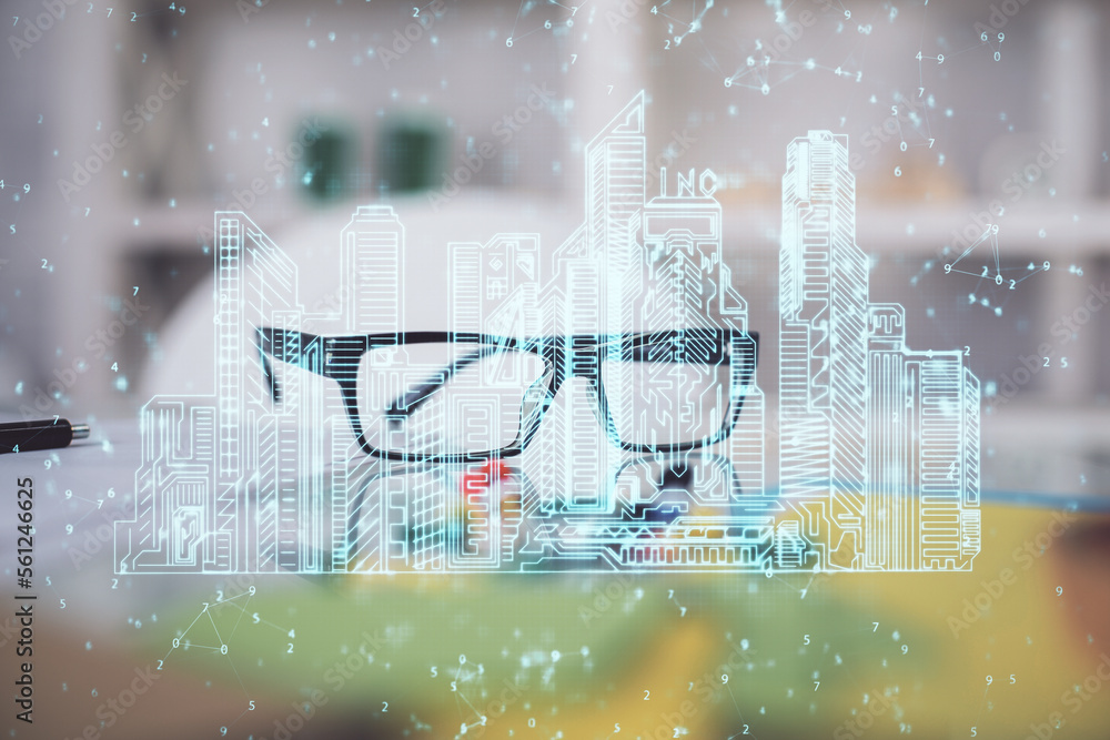 Poster high tech appartment theme hologram with glasses on the table background. double exposure.
