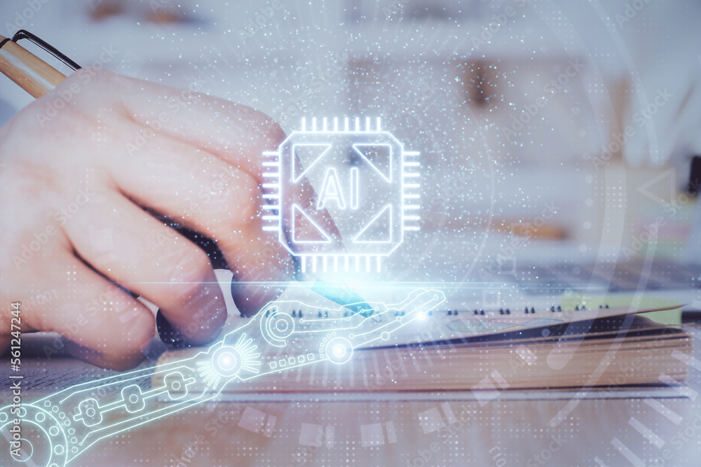 Aufkleber writing man hands with data theme multi exposure icons.