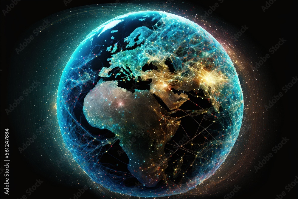 Aufkleber a blue and black earth with a network of lights on it's side and a black background with a black bor