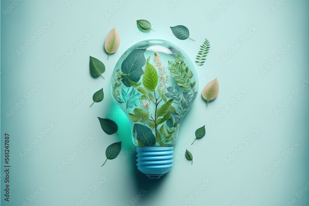 Poster a light bulb with a plant inside of it and leaves around it on a blue background with a green backgr