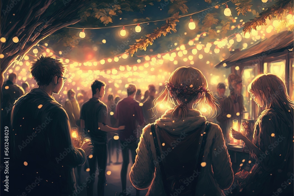 Poster a group of people standing around a tree with lights on it and a person holding a lit candle in thei