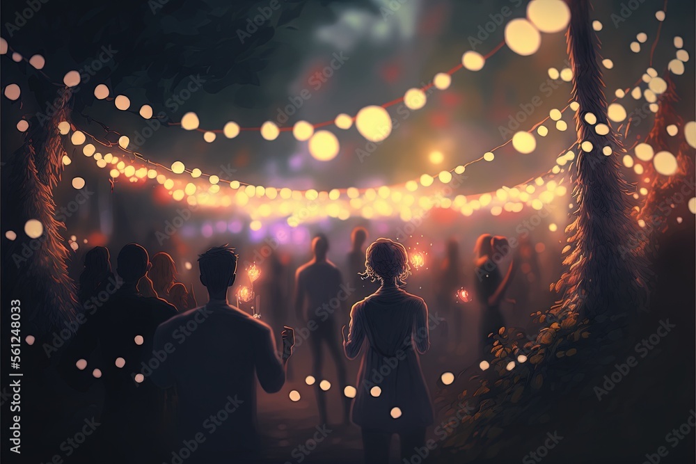 Poster a painting of people standing in a forest at night with lights strung across the trees and a string 