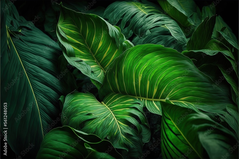 Poster a close up of a green leafy plant with a black background and a white border around it, with a black