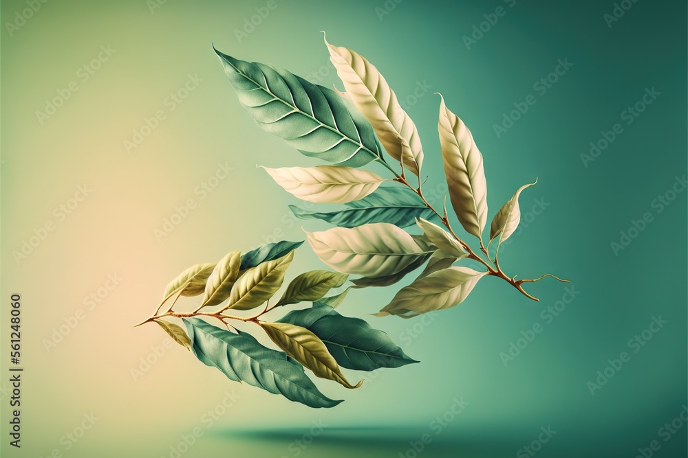Poster a branch with leaves on a green background with a shadow of leaves on the ground and a light green b