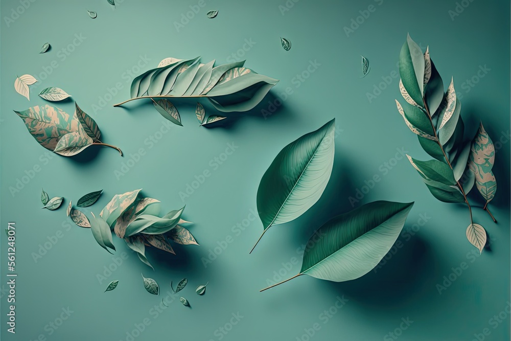 Poster a group of leaves on a blue background with a few falling leaves on the ground and a few falling lea