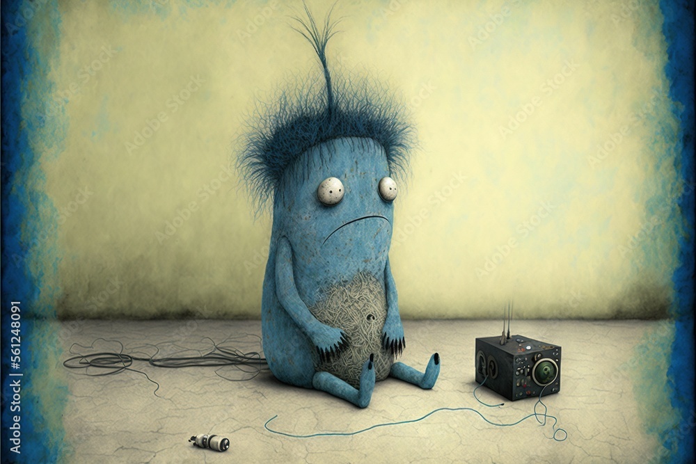 Aufkleber a blue monster sitting on the ground next to a radio and a speaker with a weird hair on it's head an