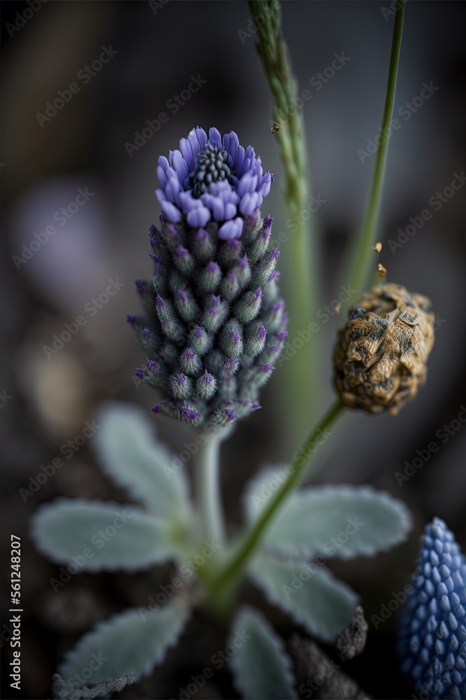 Poster a close up of a flower with a bug on it's stem and a plant with a bug on it's stem, with a blurry ba